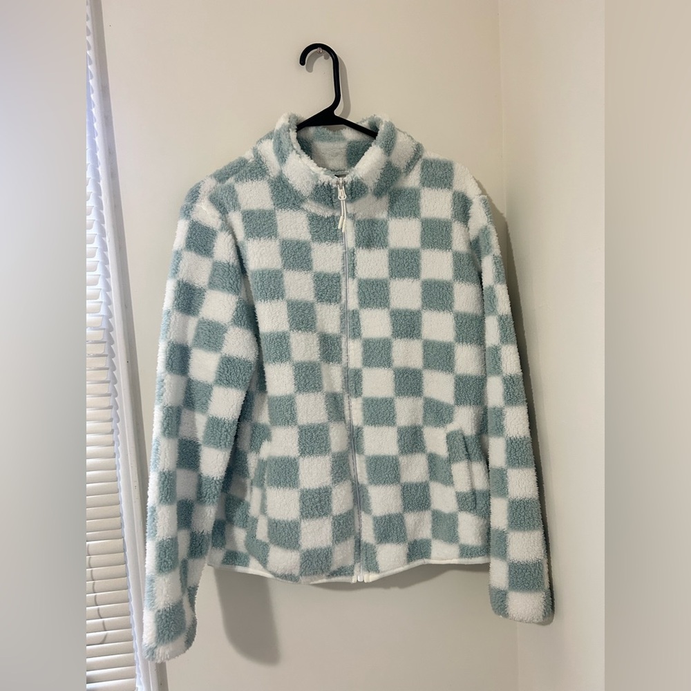 Women's Checkered Fleece Jacket - Blue and White